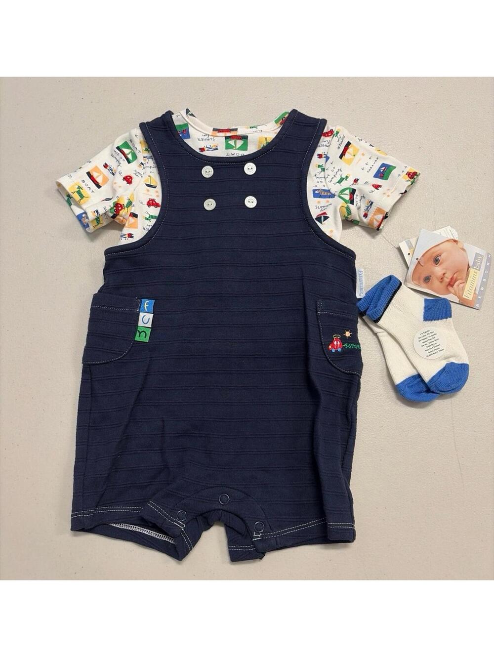 NWT Vintage Vitamins Kids Baby 3 Piece Blue Romper Outfit 6-9M